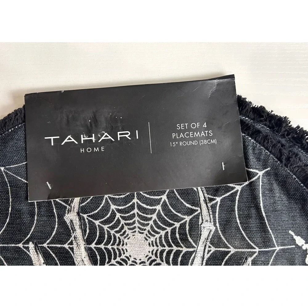 Tahari Home Set of 4 Round Placemats Black Spider Web Floral Pink Goth 15 inch